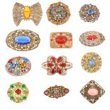 Twelve 1930's Czechoslovakian filigree and paste set costume jewellery brooches.