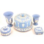 A Wedgwood Blue Jasperware cheese dish and cover, together with a collection of modern Blue
