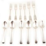 Six various silver forks and six dessert spoons.