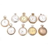 Seven open face pocket watches, stop watch, pocket barometer/compass, four watch chains.