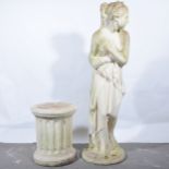 Cast stone garden statue of a maiden, on a fluted cylindrical plinth