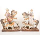 An impressive large pair of Continental hand-painted porcelain hunting groups
