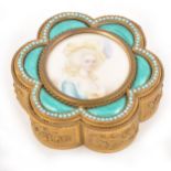 A gilt metal and enamelled trinket box, inset with a portrait miniature on ivory roundel