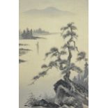 A Japanese landscape, signed, watercolour, and two paintings on silk.