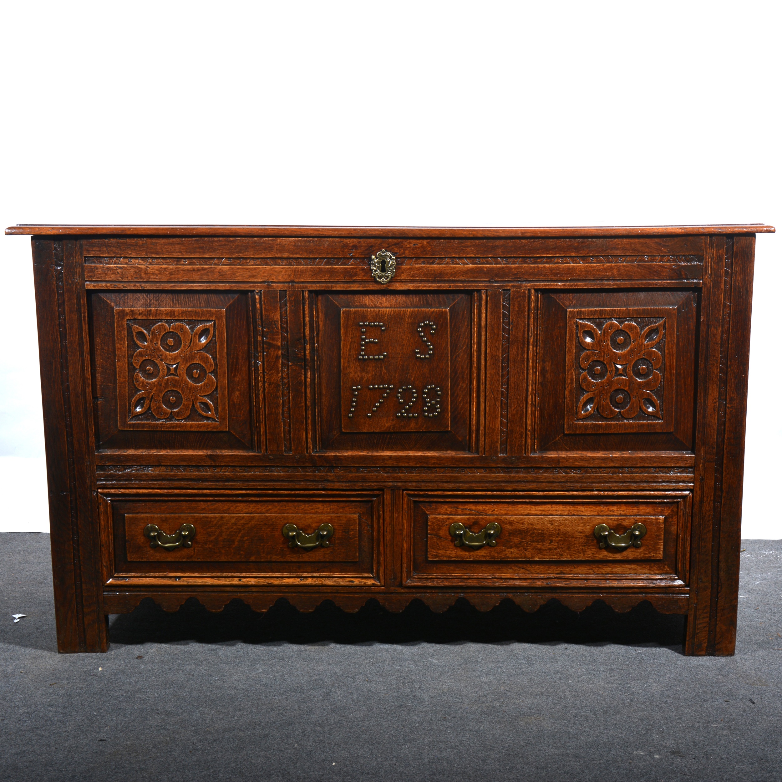 A joined oak mule chest, dated 1728.