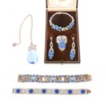 An Art Deco blue and white paste parure in fitted box and other vintage paste jewellery.