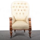 Victorian mixed wood easy chair.