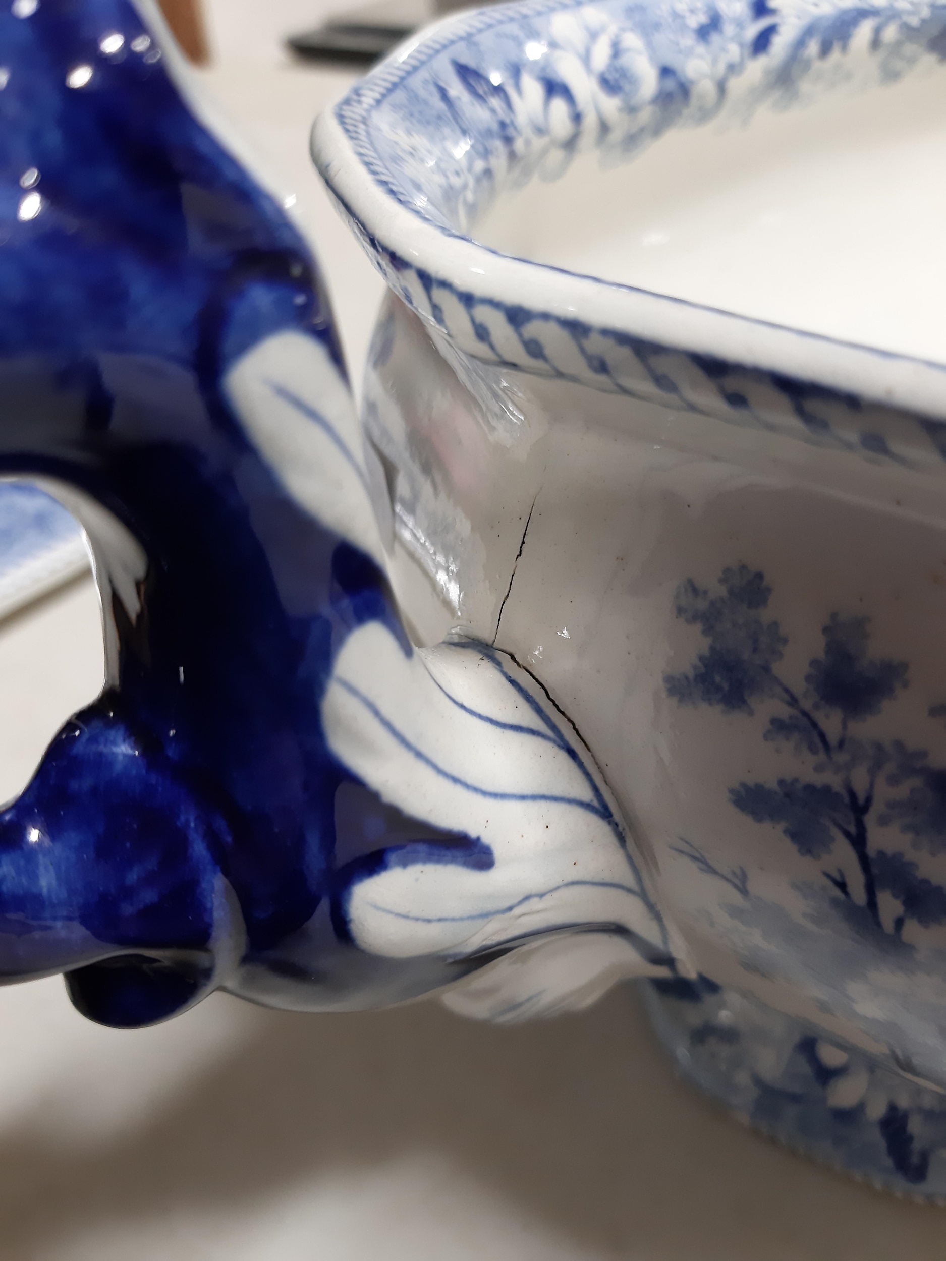 A Staffordshire blue and white transfer printed tureen, and two Imari plates. - Image 8 of 9