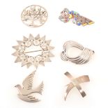 Six modern hallmarked silver brooches, Tree of Life, dove, enamel.