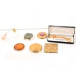 Pierre Cardin watch chain, powder compacts, perfume atomiser, celluloid handbag mirror.