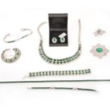 Vintage simulated emerald and diamond paste set cocktail jewellery.