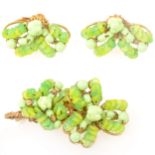 Miriam Haskell - a green beaded suite of brooch and matching earrings.