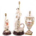 Two Giuseppe Armani Florence figural table lamps, and a Continental porcelain twin-handled lamp