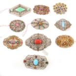 Ten large filigree paste set costume jewellery brooches, 1930's Czechoslovakian,