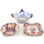 A Staffordshire blue and white transfer printed tureen, and two Imari plates.