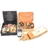 Jewel case and quantity of costume jewellery, rings, bangles, brooches.