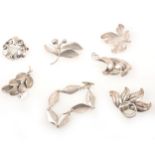 Seven pieces of Danish silver leaf design jewellery, Hermann Siersbol, Folmere, Vigo Wollny