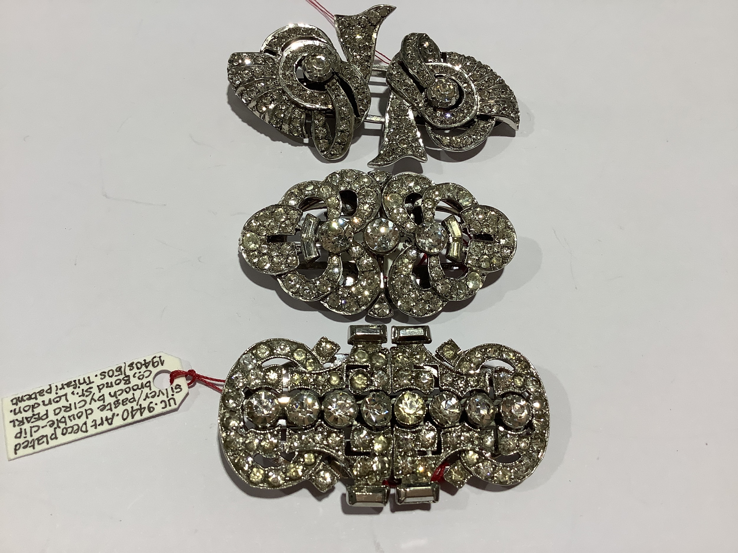 Ten Art Deco and later paste set duette double clips with brooch fittings, - Image 5 of 14