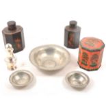 wo Japanese octagonal lacquered caddy jars; tin octagonal tea box etc