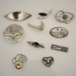 Ten silver, 925 and unmarked brooches, Noblelle, Anton Michelsen, David Anderson
