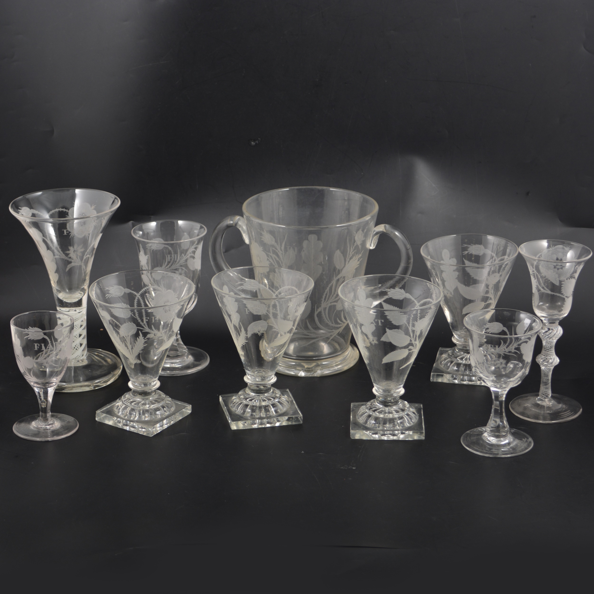 A small collection of Jacobean inspired table glassware, 20th century.