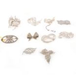 Ten small paste set costume jewellery brooches, Boucher, 925, Sterling.