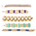 Five Art Deco gilt metal bracelets with simulated gems