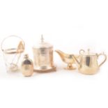 An electroplated Hotel ware three-piece teaset and other silver-plate.
