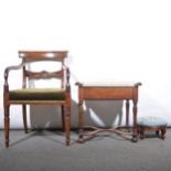 A mahogany Regency style open armchair, a piano stool, and a footstool.