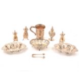 Pair of silver sweetmeat dishes, christening mug, condiments.