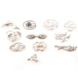 Ten white metal brooches marked sterling, 925, 830, Eiler & Marloe, BRKS