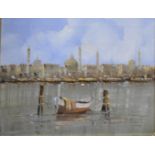 Guido Borelli - Venetian scene with moored gondola.