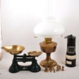The Wolf Miners radiator lamp, paraffin lamp and set of scale.