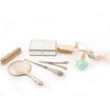 Silver dressing table items, mirrored jewel box, Stuart Crystal perfume atomiser.