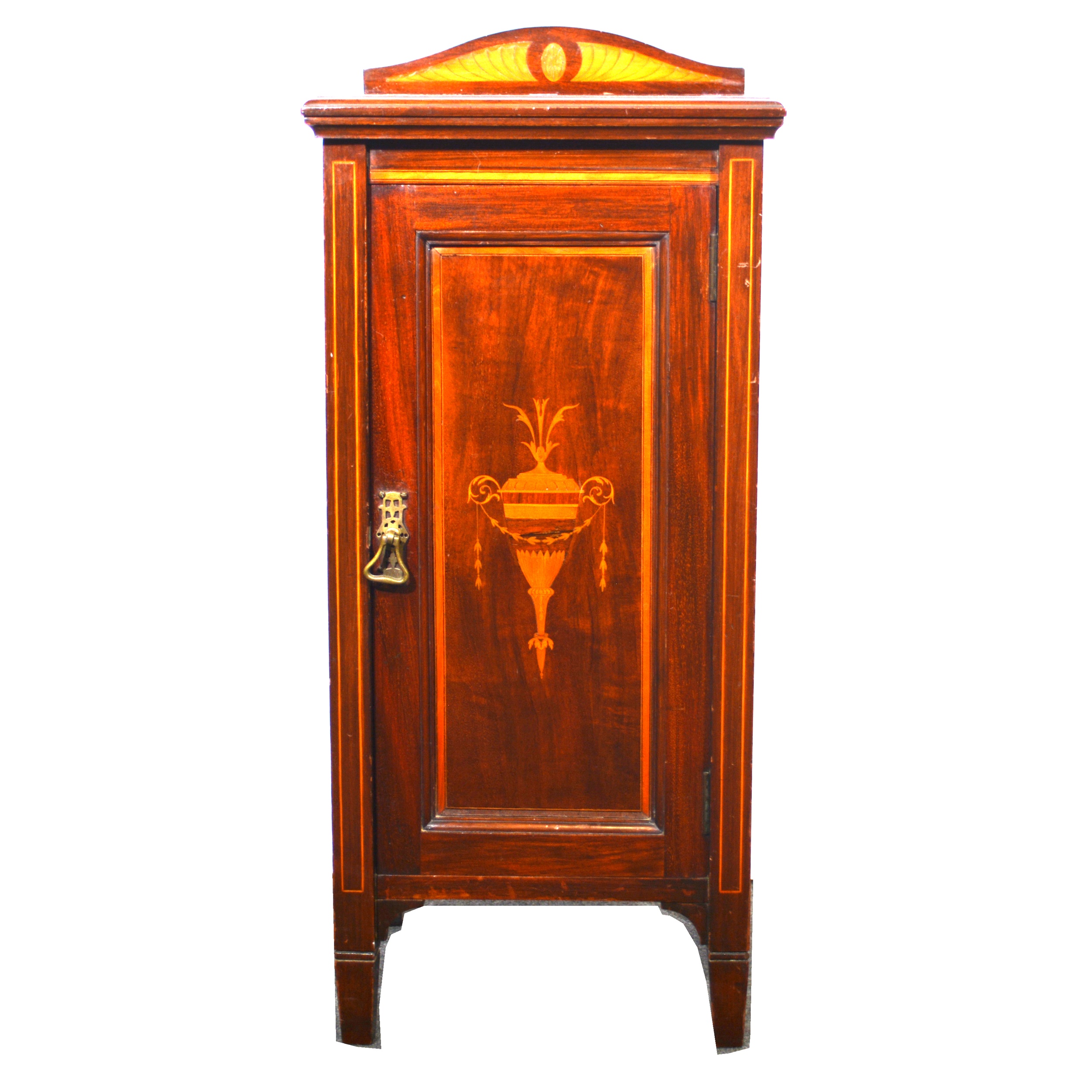 Edwardian mahogany and inlaid pot cupboard.