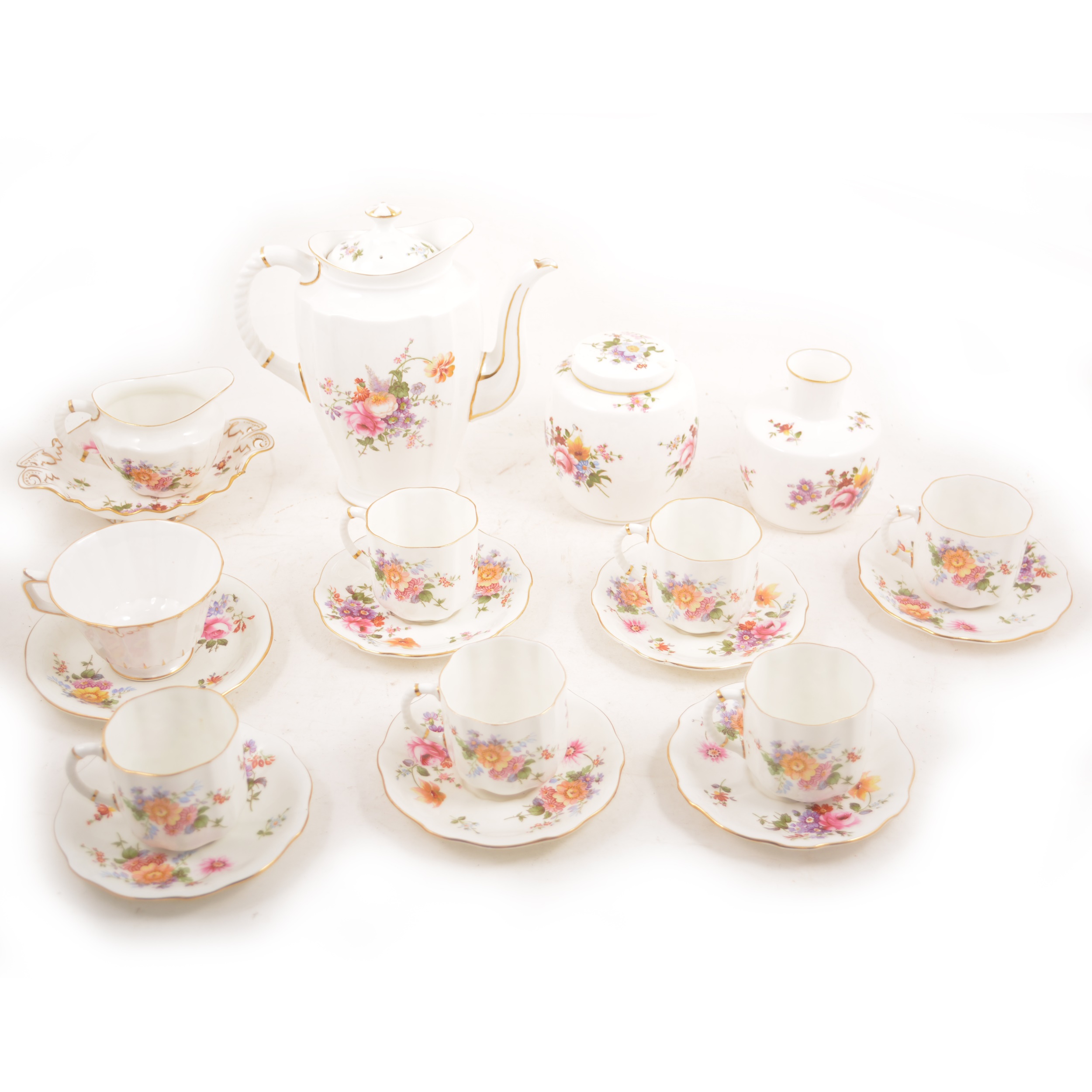Royal Crown Derby - A "Posies" coffee set and related wares.