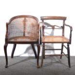 A mahogany elbow chair, 19th Century, and a cane panelled tub chair.