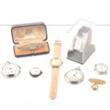 A collection of pocket and wrist watches, Hinds Reliance, Ingersoll, Bucherer, a paste cocktail