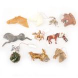 Ten equestrian themed costume jewellery brooches, horses, carriages, bakelite, ivorine.