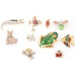 Ten animal and insect costume jewellery brooches, owls, frog, bee, Sphinx, Attwood & Sawyer, Keyes.