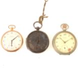 Three pocket watches gold, silver and base metal.