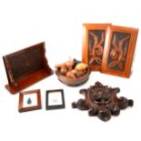 Box of woodenware, including treen fruit bowl, small wall shelf, carved panels, etc