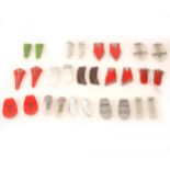 Fourteen pairs of Art Deco pressed glass dress clips, various colours.