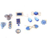 Ten vintage bright blue paste dress clips and brooches.