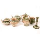 A collection of Copeland green and buff glazed stoneware