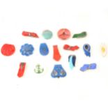 Sixteen vintage colourful pressed glass single dress clips, Czechoslovakian.