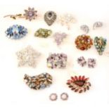 Austrian and other coloured paste and aurora set brooches and earclips,