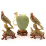 Chinese carved soapstone models of birds, and Jadeite vase.