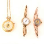 Two vintage 9 carat gold lady's wrist watches, Elmas gold-plated pendant watch.