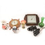 Two aneroid barometers, pair of binoculars and assorted ceramics.